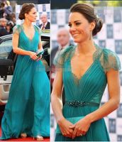 Wholesale 2020 Jenny Packham Sexy V Neck Cap Sleeves Formal Evening Gowns Sheer Button Back Chiffon Lace Kate Middleton Celebrity Dresses