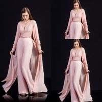Wholesale Coral Pink Chiffon Lace Prom Jumpsuit with Train Modern V neck Long Sleeve Arabic Occasion Evening Dress with Pant Suit