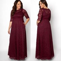 Wholesale Burgundy Plus Size Lace Evening Dresses Bateau Neck Half Sleeves Prom Gowns Empire Waist A Line Floor Length Formal Dress