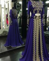 Wholesale Long Sleeved Evening Dresses royal blue Muslim Formal Abaya Designs Dubai Turkish Gold Applique Prom Dresses Gowns Moroccan Kaftan