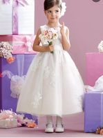 Wholesale Pure Lovely A Line Jewel Ankle Length Tulle Appliques Wedding Flower Girls Dresses Sleeveless Bow Back Cute Little Girls Party Prom Gowns