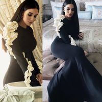 Wholesale Elegant Mermaid Black Evening Dresses Long Sleeves Hand Made Flower Appliques Prom Party Gowns Modest Trumpe Tight Formal Wear