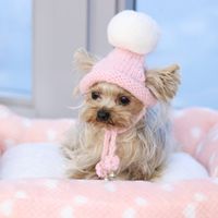 Wholesale Handmade Pink Ring Bells Knitted Kawaii Pets Store Warm Lovely Dog Hats for Small Pets Cats Maltese Yorkie Winter Cap