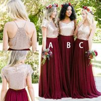Wholesale Rose Gold Sequins Bridesmaid Dresses Country Mixed Order Wedding Party Guest Gown Two Pieces Junior Maid of Honor Dress Cheap Burgundy