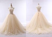 Wholesale Real Photo Light Champagne Wedding Dress Princess A line Tulle See Through Waist Applique Court Train Wedding Dresses Bridal Gowns New
