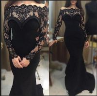 Wholesale Arabic New Black Long Sleeves Evening Dresses Mermaid Off Shoulder Lace Satin Trumpet Women Formal Prom Gowns Mother Of Bride Dress