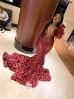 Wholesale Burgundy Tassels Long Sleeves Mermaid Prom Dresses Sexy African Plus Size Evening Gown Black Girl Formal Party Dress
