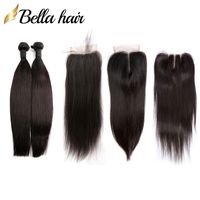 Wholesale Straight Peruvian Virgin Hair Weft with Lace Closure x4 Free Part Middle Part Part Top Closures Hair Bundles Extensions Bella Hair