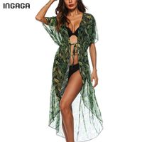 Wholesale INGAGA Long Beach Dress Swimwear Women Beachwear Cover Up Sexy Mesh Swimsuit Tropical Short Sleeve Bathing Suits