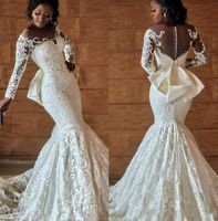 Wholesale Modest African Mermaid Lace Wedding Dresses Black Girl Women Long Sleeve Wedding Gowns With Big Bow Button Back Bride Dress