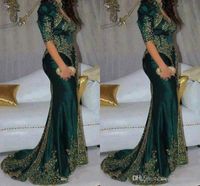 Wholesale Elegant Dark Green Mermaid Evening Dresses Embroidery Beaded Sequin High Neck Indian Sleeves Gold Appliques Prom Gowns Party Dress