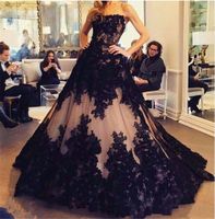Wholesale Lace Appliques Ball Gown Evening Dress Strapless Sleeveless Black and Nude Prom Gowns vestido largo de fiesta