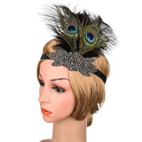 Wholesale Peacock Feather Flapper Hair Band s Black Silver Beaded Rhinestone Sparkle Stretch Headbands Boho Headwear Supplier