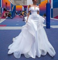 Wholesale 2019 Vintage Berta Mermaid Wedding Dresses Detachable Train Off The Shoulder Short Sleeve Pleats Open Back Beach Bridal Gowns Custom