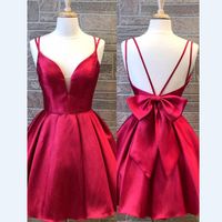 Wholesale 2020 Red Short Prom Dresses A Line Spaghetti Straps Cross Back Mini Length Satin Girls Cheap Graduation Dress Party Gowns Bow Back