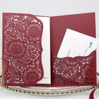 Wholesale Marsala Burgundy Shimmer Laser Cut Wedding Invitations DIY Die Cut Trifold Pocket Invitation Cards for Quinceanera Birthday House Moving