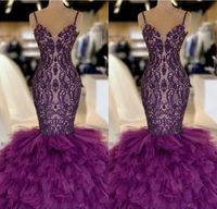 Wholesale Purple Mermaid Long Prom Dresses Lace Appliques Layered Ruffles Tulle Floor Length Formal Party Evening Gowns BC1131