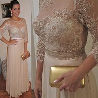 Wholesale Chiffon Long Mother Of The Bride Dresses Sheer Jewel Neck Long Sleeve Pearls Sash Beads Women Evening Party Gowns Plus Size