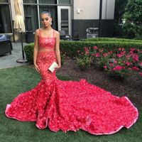 Wholesale Hot Pink Floral Sequins Two Pieces Mermaid Prom Dresses African Black Girl Luxury D Rosettes Cathedral Train Evening Gowns BC1175