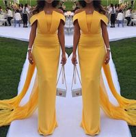 Wholesale Arabic Yellow Off The Shoulder Satin Long Evening Dresses Ruched Ruffles Mermaid Formal Party Prom Dresses