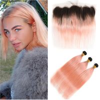 Wholesale B Rose Gold Ombre Brazilian Human Hair Bundles with Frontal Closure Straight Ombre Rose Pink Human Hair Weaves with Lace Frontal x4