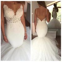 Wholesale 2021 Spaghetti Strips Mermaid Wedding Dresses Slim Lace Appliques Sexy Backless Beading Long Bridal Gowns Customized Vestidos De Marriage