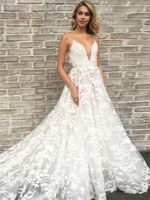 Wholesale Floral Pattern Full Lace Wedding Dresses Charming Design A Line Spaghetti Straps Deep V Neck Romantic Vestidos De Noiva