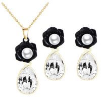 Wholesale Black flower pearl teardrop crystal necklace earrings bridal jewelry set high quality cheap jewelry for female
