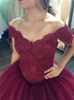 Wholesale Vintage Elegant Burgundy Off The Shoulder Quinceanera Dresses Lace Appliques Lace Up Back Ball Gowns Formal Party Gowns Sweet Dresses