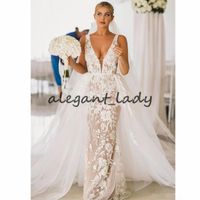 Wholesale Chic Bohemian Mermaid Wedding Dresses with Detachable Train Fashion Lace Floral V neck Country Garden Bride Wedding Gown