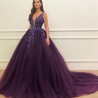 Wholesale 2020 Sexy Purple Beaded Ball Gown Quinceanera Dresses Appliques Sequins Deep V Neck Tulle Evening Party Dresses Prom Gown