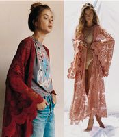 Wholesale 2019 Summer Autumn Womens Print Flower Outer Lace Cardigan Long Boho Tunic Maxi Dress Casual Holiday Beach Wear pink Red Sundress M XXL