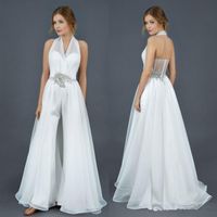 Wholesale Halter Chiffon Stain Bridal Jumpsuit with Overskirt Train Modest Fairy Beaded Crystal Belt Beach Country Wedding Dress Jumpsuit