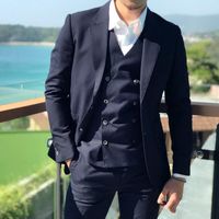 Wholesale Navy Blue Men Suits Groom Tuxedos Beach Wedding Suits Custom Made Groomsmen Blazers Pieces Jacket Pants Vest Double Breasted Evening