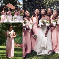 Wholesale Simple African Pink Chiffon Long Bridesmaid Dresses V Neck Sleeveless Lace Up Back Plus Size Maid Of Honor Gowns Country Style