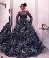 Wholesale Wonderful Sequined Prom Evening Dress ball Gown Bateau Sheer Neck Illusion Long Sleeves Runway Pageant Dress Cheap