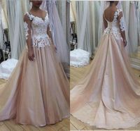 Wholesale Blush Pink Wedding Dresses For Western Country Garden Sheer Long Sleeve Appliqued Corset Back Summer Boho Bride Wedding Gowns