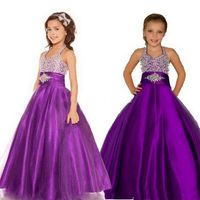 Wholesale Purple Girls Pageant Dresses Halter Puffy Tulle Satin Little Girls Party Dresses Custom Made Pageant Dresses For Teens