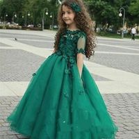 Wholesale 2019 Girls Pageant Dresses Princess Tulle Hunter Green Lace D Floral Appliques Short Sleeves Kids Flower Girls Dress Cheap Birthday Gowns