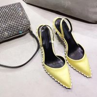 Wholesale yellow satin rina slingback pump nova crystal embellished high heel shoes with chain mesh rhinestone pouch r women shoes