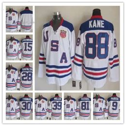 2010 Team USA Hockeyshirts 9 Zach Parise 88 Patrick Kane 81 Phil Kessel 28 Brian Rafalski 39 Miller 15 Langenbrunner Sticthed Blauw Wit Alternatief 9353 7820