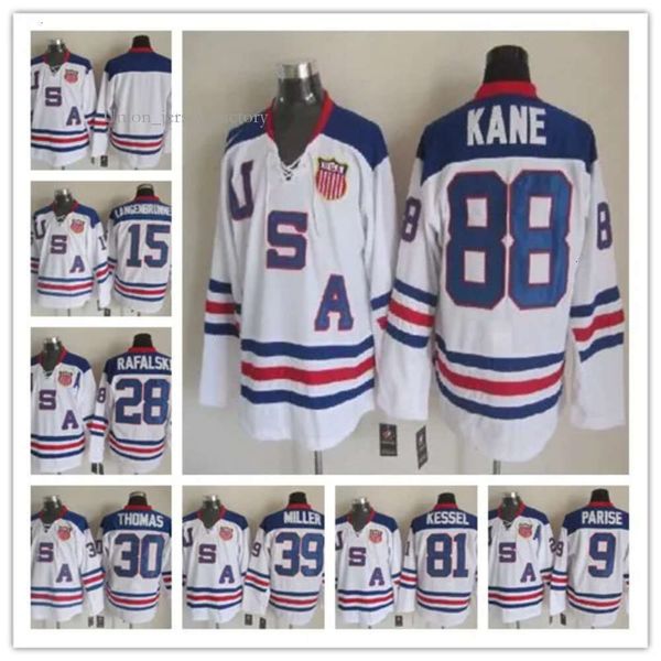 Camisas de hóquei da equipe dos EUA de 2010 9 Zach Parise 88 Patrick Kane 81 Phil Kessel 28 Brian Rafalski 39 Miller 15 Langenbrunner Sticthed Azul Branco Alternativo 3167