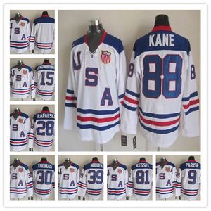 2010 Team USA hockeyshirts 9 Zach Parise 88 Patrick Kane 81 Phil Kessel 28 Brian Rafalski 39 Miller 15 Langenbrunner Sticthed Blue White Alternate