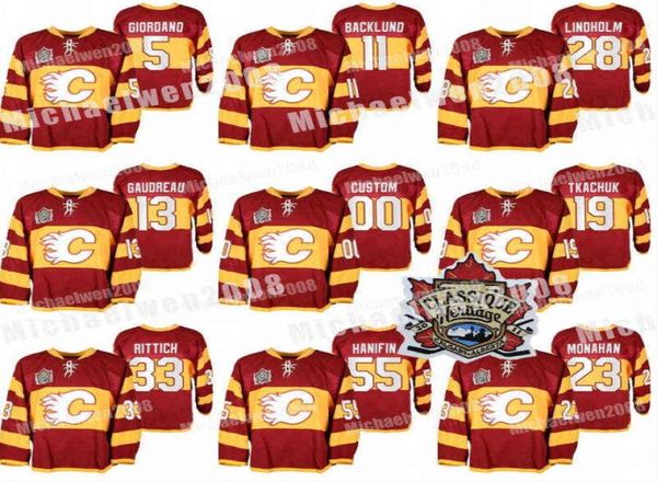 Maillots d'échauffement des Flames de Calgary 2011 Heritage Classic Matthew Tkachuk Johnny Gaudreau Sean Monahan Elias Lindholm Giordano Mikael B9527588