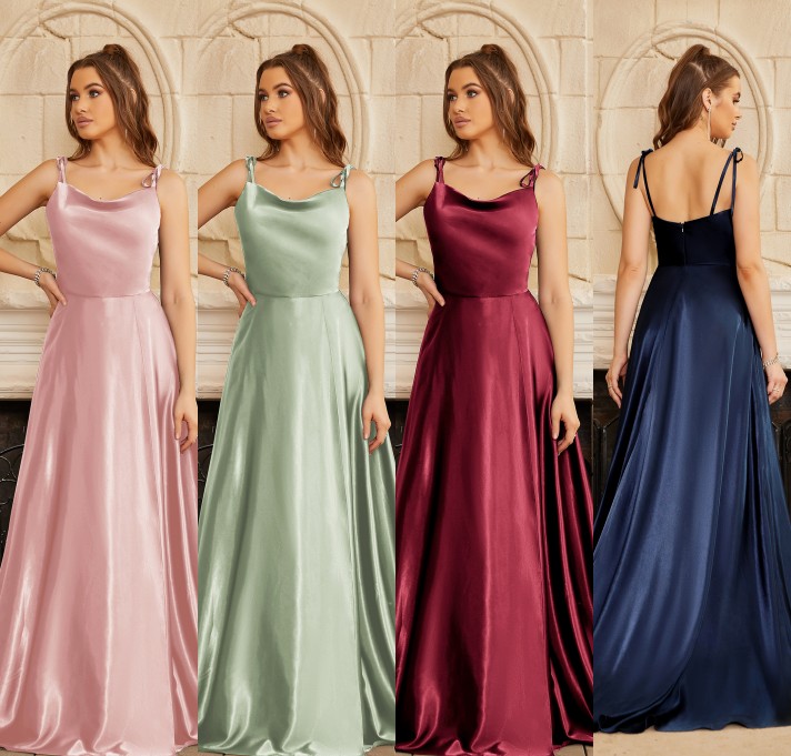 BABYONLINE Simple Soft Sliky Satin Bridesmaid Dresses Spaghetti Neckline Leg Slit and Flowing A-line maxi Evening Prom Gowns CPS3025
