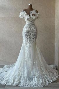 Exquise 3D Lace Flora Appliques Mermaid Trouwjurken Nieuwe sexy cap mouw Sheer Jeghals Bridal Jurdens Custom Made LxUury Robes BC18729