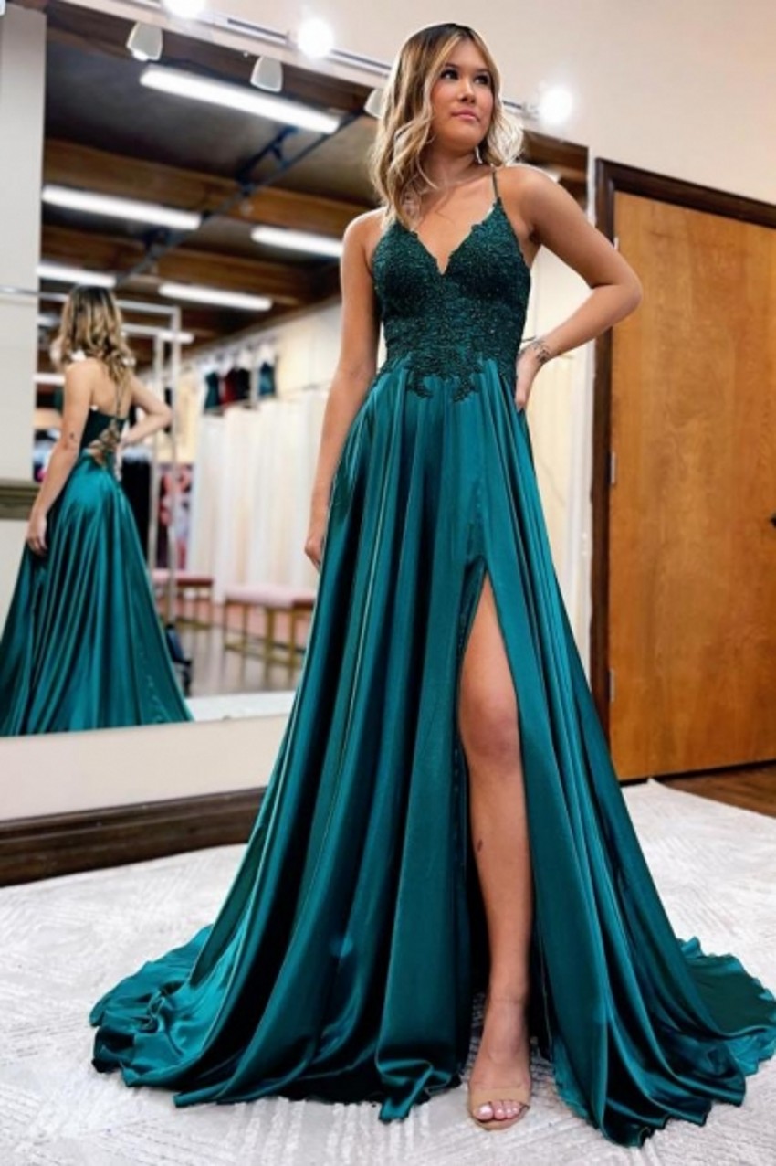 Sexy Backless Turquoise Royal Blue A Line Prom Dresses Spaghetti Straps Appliques Satin Long Evening Gowns With Front Split BC14978