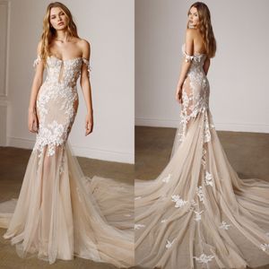 2023 Boho Bohême Sexy Sirène Robes De Mariée Hors Épaule Balayage train Dentelle Applique De Mariée Plage Robes De Fête BC14748 GB1128I