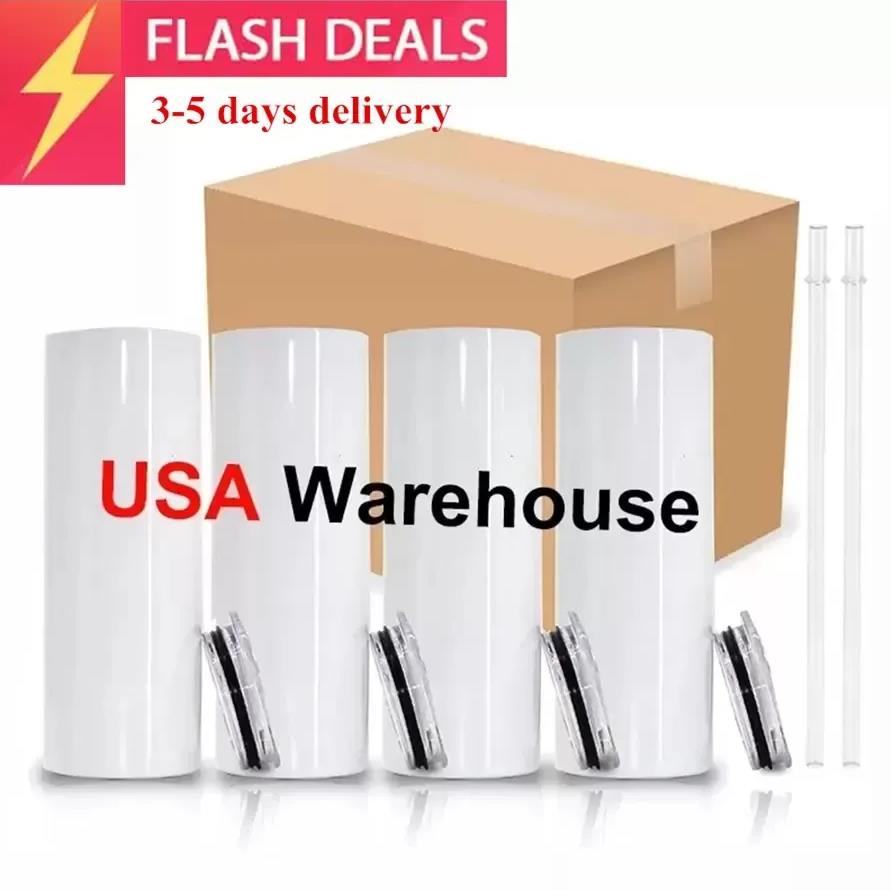 US Local Warehouse 20oz Sublimation Straight Tumblers Blanks White Stainless Steel Vacuum Insulated Slim DIY 20 oz Cup Car Coffee Mugs White NEW