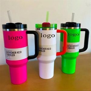 Elektrische neon Wit zwart roze geel groen rode quencher H2.0 Tumblers 40 oz kopjes met handgreeplid en stro auto mokken met 1: 1 logo chocolade goud 40 oz waterflessen 0328